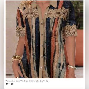 Women's Short Sleeve V-neck Lace Stitching Hollow Graphic Top